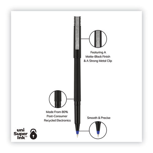 Image of uniball® Rollerball Pen, Stick, Extra-Fine 0.5 mm, Blue Ink, Black/Blue Barrel, 72/Pack