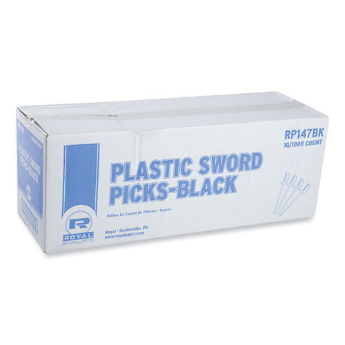 Image of AmerCareRoyal® Sword Picks, Plastic, 6", Black, 1,000/Box, 10 Boxes/Carton