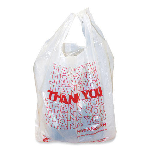 Image of AmerCareRoyal® Thank You Bags, Thank You - Have a Nice Day Labeling, Cut-Out Handles, 11.5" x 6.5" x 21", White/Red, 1,000/Carton