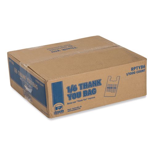Image of AmerCareRoyal® Thank You Bags, Thank You - Have a Nice Day Labeling, Cut-Out Handles, 11.5" x 6.5" x 21", White/Red, 1,000/Carton