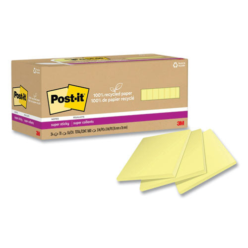Image of Post-it® Notes Super Sticky 100% Recycled Paper Super Sticky Notes, 3" x 3", Canary Yellow, 70 Sheets/Pad, 24 Pads/Pack