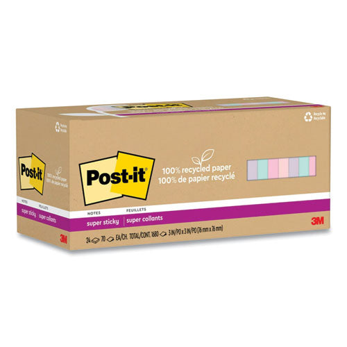 Image of Post-it® Notes Super Sticky 100% Recycled Paper Super Sticky Notes, 3" x 3", Wanderlust Pastels, 70 Sheets/Pad, 24 Pads/Pack