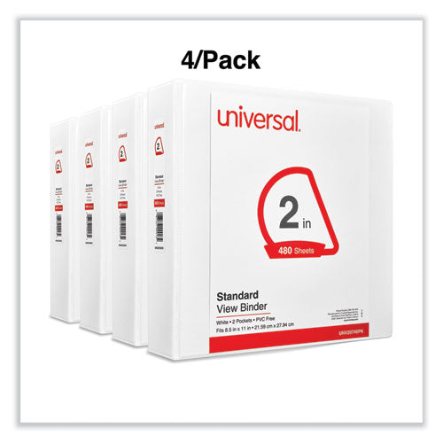 Image of Universal® Slant D-Ring View Binder, 3 Rings, 2" Capacity, 11 x 8.5, White, 4/Pack