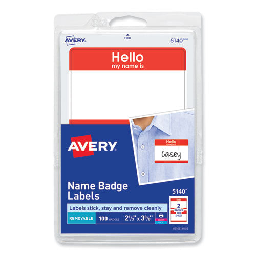Image of Avery® Printable Self-Adhesive Name Badges, 2 1/3 X 3 3/8, Red "hello", 100/pack