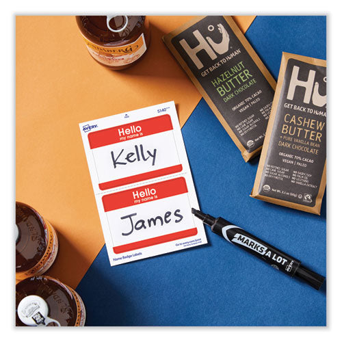 Image of Avery® Printable Self-Adhesive Name Badges, 2 1/3 X 3 3/8, Red "hello", 100/pack