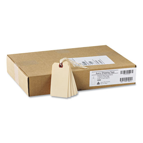 Image of Avery® Strung Shipping Tags, 11.5 pt Stock, 4.75 x 2.38, Manila, 1,000/Box