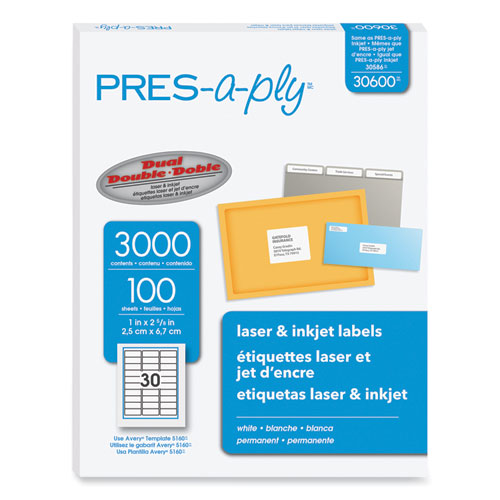 Image of PRES-a-ply® Labels, Laser Printers, 1 X 2.63, White, 30/sheet, 100 Sheets/box