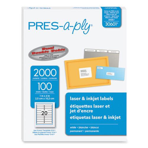 Image of PRES-a-ply® Labels, Laser Printers, 1 X 4, White, 20/sheet, 100 Sheets/box