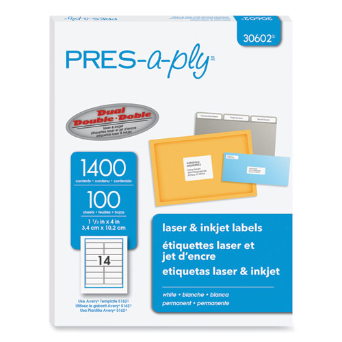 Image of PRES-a-ply® Labels, Laser Printers, 1.33 X 4, White, 14/sheet, 100 Sheets/box