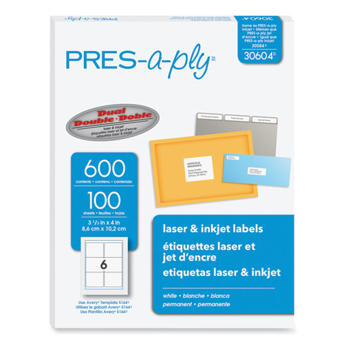 Image of PRES-a-ply® Labels, Laser Printers, 3.33 X 4, White, 6/sheet, 100 Sheets/box