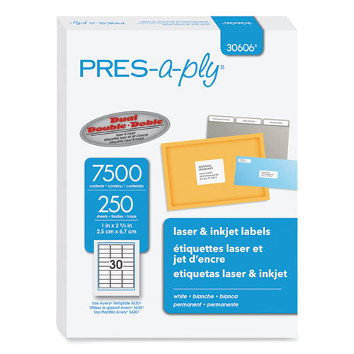 Image of PRES-a-ply® Labels, Laser Printers, 1 X 2.63, White, 30/sheet, 250 Sheets/box