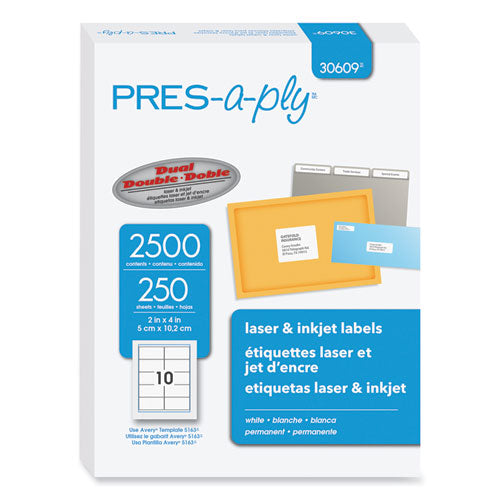 Image of PRES-a-ply® Labels, Laser Printers, 2 X 4, White, 10/sheet, 250 Sheets/box