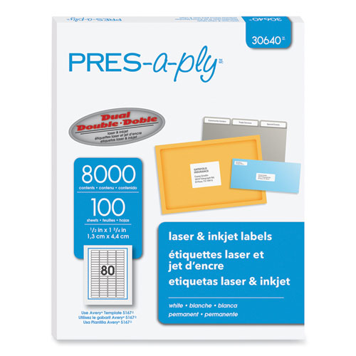 Image of PRES-a-ply® Labels, Inkjet/laser Printers, 0.5 X 1.75, White, 80/sheet, 100 Sheets/pack