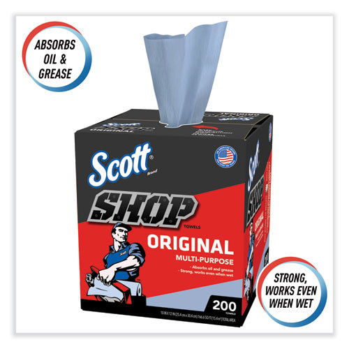 Image of Scott® Shop Towels, POP-UP Box, 1-Ply, 9 x 12, Blue, 200/Box, 8 Boxes/Carton