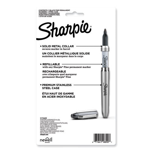 Image of Sharpie® Fine Tip Permanent Marker, Stainless Steel Single Marker Case, Fine Bullet Tip, Black, 5/Pack