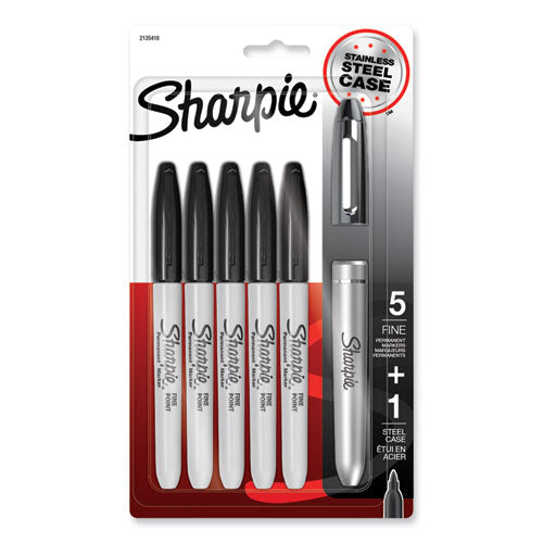 Image of Sharpie® Fine Tip Permanent Marker, Stainless Steel Single Marker Case, Fine Bullet Tip, Black, 5/Pack
