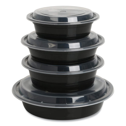 Image of GEN Microwavable Food Container with Lid, Round, 32 oz, 7.28 x 7.28 x 2.55, Black/Clear, Plastic, 150/Carton