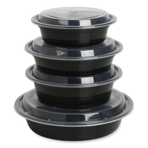 Image of GEN Microwavable Food Container with Lid, Round, 16 oz, 6.29 x 6.29 x 1.96, Black/Clear, Plastic, 150/Carton