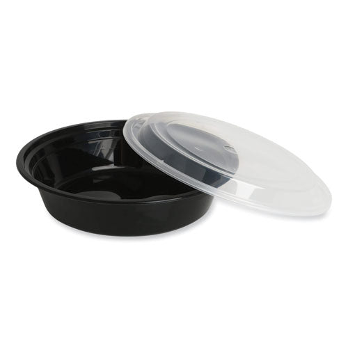 Image of GEN Microwavable Food Container with Lid, Round, 16 oz, 6.29 x 6.29 x 1.96, Black/Clear, Plastic, 150/Carton