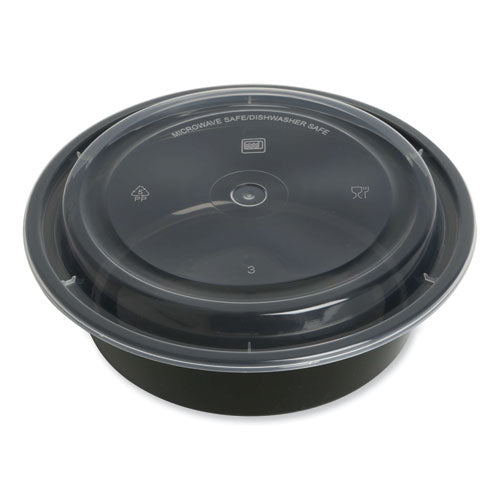 Image of GEN Microwavable Food Container with Lid, Round, 32 oz, 7.28 x 7.28 x 2.55, Black/Clear, Plastic, 150/Carton
