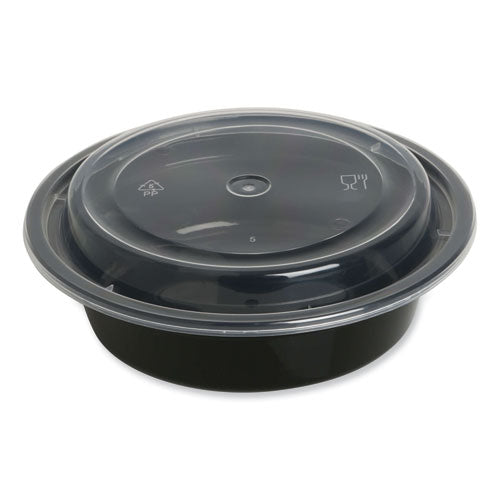 Image of GEN Microwavable Food Container with Lid, Round, 16 oz, 6.29 x 6.29 x 1.96, Black/Clear, Plastic, 150/Carton
