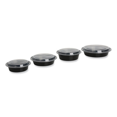 Image of GEN Microwavable Food Container with Lid, Round, 32 oz, 7.28 x 7.28 x 2.55, Black/Clear, Plastic, 150/Carton
