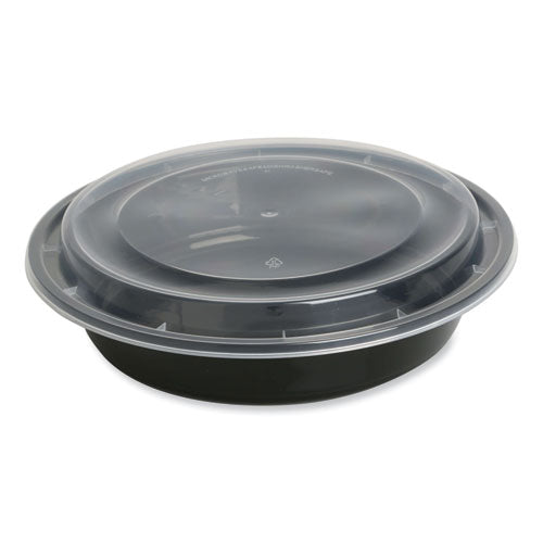 Image of GEN Microwavable Food Container with Lid, Round, 48 oz, 8.85 x 8.85 x 2.24, Black/Clear, Plastic, 150/Carton
