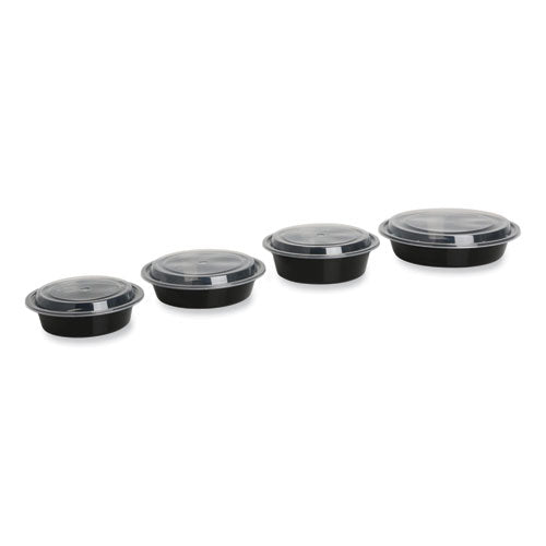 Image of GEN Microwavable Food Container with Lid, Round, 16 oz, 6.29 x 6.29 x 1.96, Black/Clear, Plastic, 150/Carton