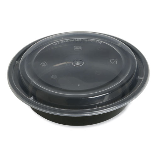 Image of GEN Microwavable Food Container with Lid, Round, 24 oz, 7.28 x 7.28 x 1.96, Black/Clear, Plastic, 150/Carton