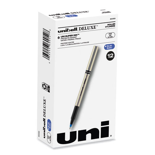 Image of uniball® Deluxe Rollerball Pen, Stick, Fine 0.7 mm, Blue Ink, Champagne/Black/Blue Barrel, Dozen