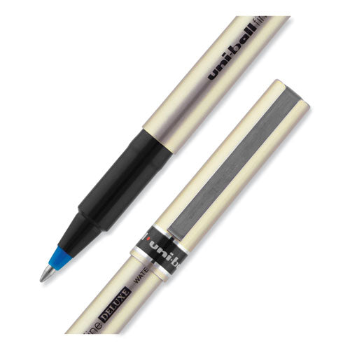Image of uniball® Deluxe Rollerball Pen, Stick, Fine 0.7 mm, Blue Ink, Champagne/Black/Blue Barrel, Dozen