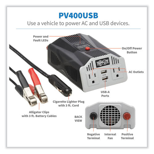 Image of Tripp Lite by Eaton PowerVerter Ultra-Compact Car Inverter, 400 W, Two AC Outlets/Two USB Ports, 3.1 A
