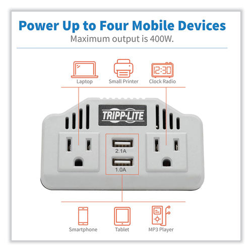 Image of Tripp Lite by Eaton PowerVerter Ultra-Compact Car Inverter, 400 W, Two AC Outlets/Two USB Ports, 3.1 A