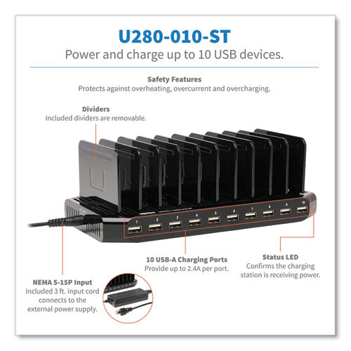 Image of Tripp Lite by Eaton Desktop Charging Station with Adjustable Storage, 10 Devices, 9.4 x 4.7 x 1, Black
