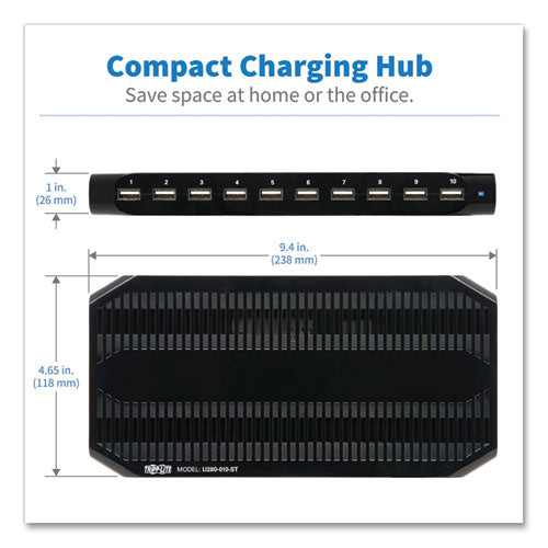 Image of Tripp Lite by Eaton Desktop Charging Station with Adjustable Storage, 10 Devices, 9.4 x 4.7 x 1, Black