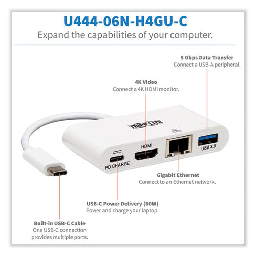 Image of Tripp Lite by Eaton 4k Dock With Charging And Ethernet, Usb C/4k Hdmi/usb A/pd Charging, White