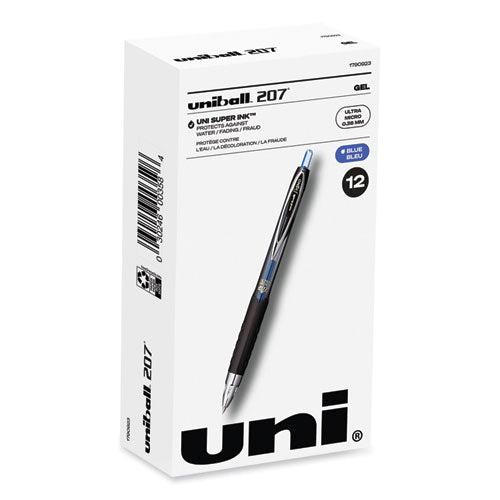 Image of uniball® 207 Ultra Micro Gel Pen, Retractable, Ultra-Micro 0.38 mm, Blue Ink, Clear/Black Barrel
