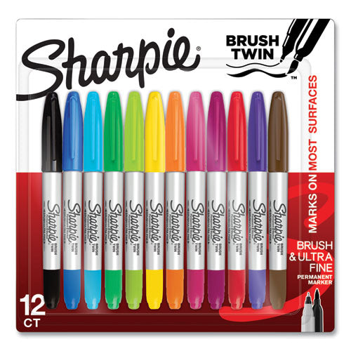Image of Sharpie® Brush Tip Permanent Marker, Twin Tip, Ultra-Fine Needle/Broad Brush Tips, Assorted Colors, 12/Pack