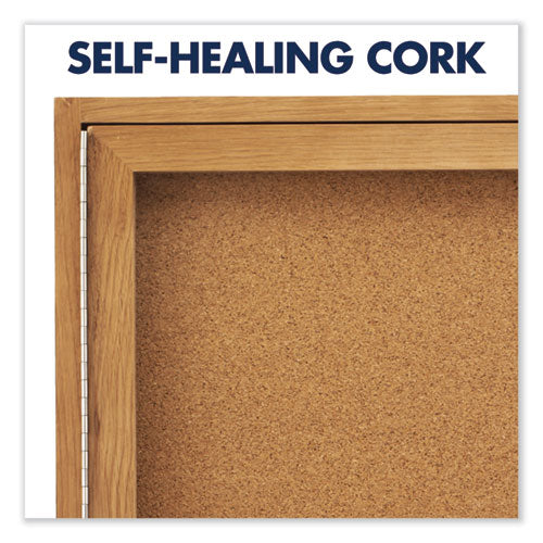 Image of Quartet® Enclosed Indoor Cork Bulletin Board with Two Hinged Doors, 48" x 36", Tan Surface, Oak Finished Fiberboard (MDF) Frame