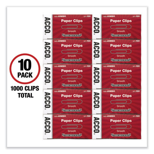 Image of ACCO Paper Clips, Jumbo, Smooth, Silver, 100 Clips/Box, 10 Boxes/Pack