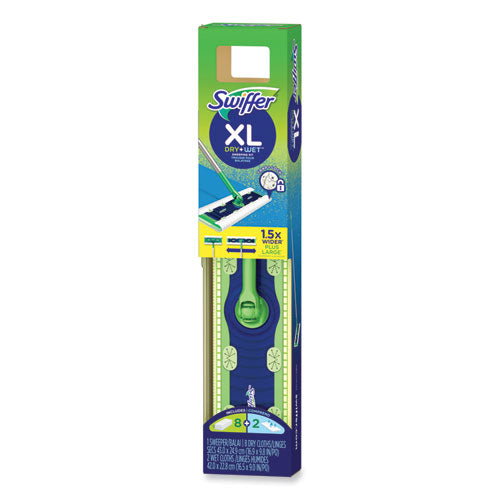 Image of Swiffer® Sweeper Mop, XL Dry + Wet Sweeping Kit, 16.5 x 9 White Cloth Head, 46" Green/Silver Aluminum/Plastic Handle