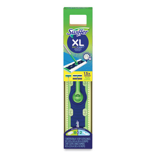 Image of Swiffer® Sweeper Mop, XL Dry + Wet Sweeping Kit, 16.5 x 9 White Cloth Head, 46" Green/Silver Aluminum/Plastic Handle