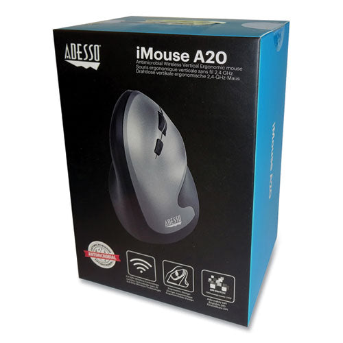 Image of Adesso Imouse A20 Antimicrobial Vertical Wireless Mouse, 2.4 Ghz Frequency/33 Ft Wireless Range, Right Hand Use, Black/granite