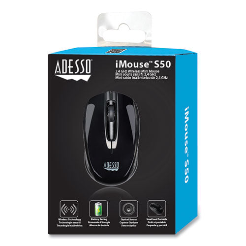 Image of Adesso Imouse S50 Wireless Mini Mouse, 2.4 Ghz Frequency/33 Ft Wireless Range, Left/right Hand Use, Black