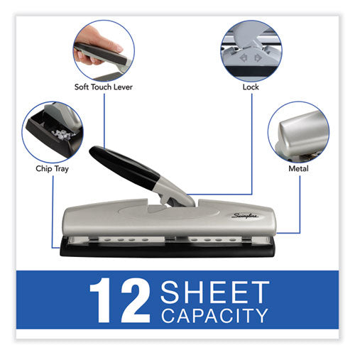 Image of Swingline® 12-Sheet Lighttouch Desktop Two- To Three-Hole Punch, 9/32" Holes, Black/silver