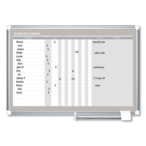 Image of MasterVision® In-Out Magnetic Dry Erase Board, 18-Person Tracking, 36" x 24", White Surface, Satin Aluminum Frame