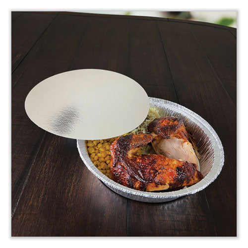 Image of Boardwalk® Round Aluminum To-Go Container Lids, Flat Lid, 9" Diameter, Silver, Paper, 500/Carton