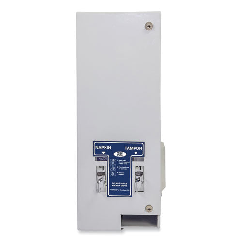 Image of HOSPECO® Dual Sanitary Napkin/Tampon Dispenser, 25 Cent Coin Mechanism, 11.13 x 7.63 x 26.38, White/Blue