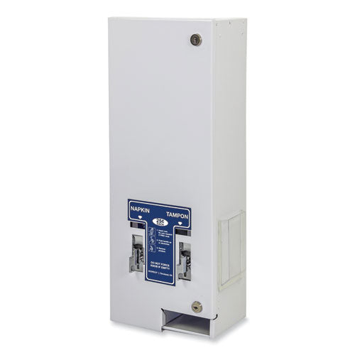 Image of HOSPECO® Dual Sanitary Napkin/Tampon Dispenser, 25 Cent Coin Mechanism, 11.13 x 7.63 x 26.38, White/Blue
