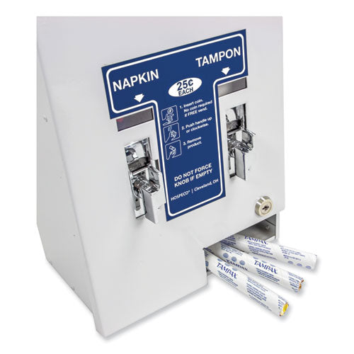 Image of HOSPECO® Dual Sanitary Napkin/Tampon Dispenser, 25 Cent Coin Mechanism, 11.13 x 7.63 x 26.38, White/Blue